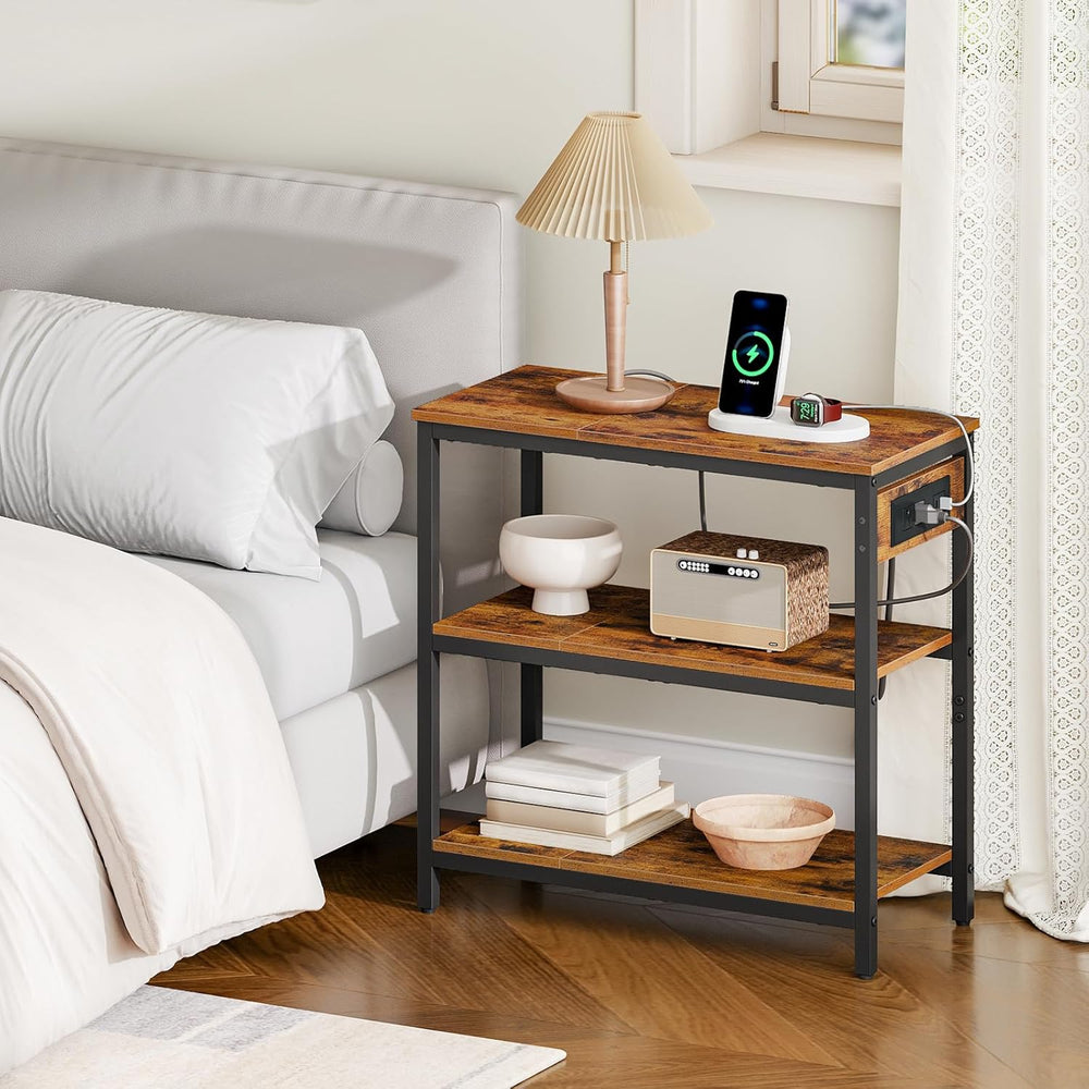HOOBRO End Table with Charging Station, Side Table with 3 Tier Storage Shelf,...