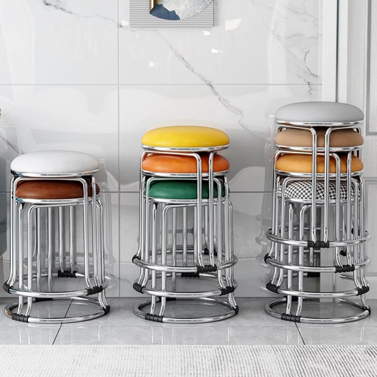 Dining Chairs, Stackable Kitchen Stools, Metal Frame Side Chair, Small Round Stool, Portable, Sturdy, for Small Spaces Home Bedroom Study(Dark Gray,Silver Chair Legs)