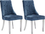 Dining Chairs Set of 2，Modern Channel Tufted Upholstered Dining Chairs with Silver Stainless Steel Legs, Comfortable Chenille Fabric Kitchen Chairs for Dining Room (Blue, 2pc)