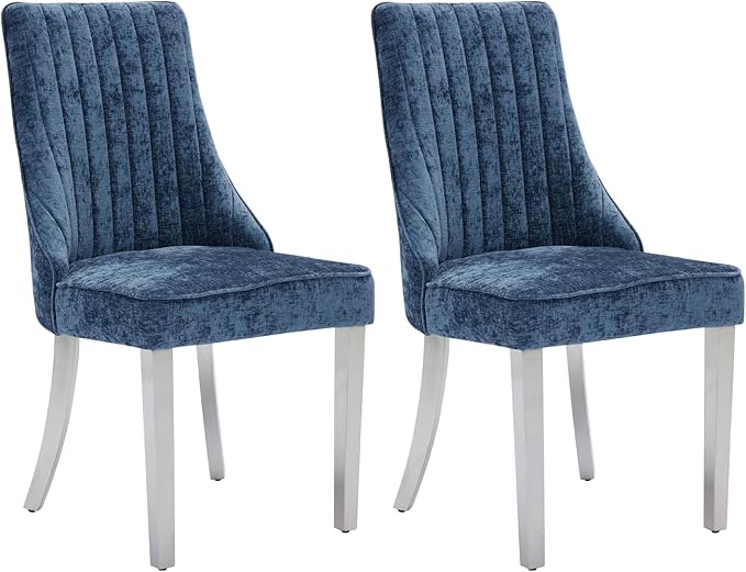 Dining Chairs Set of 2，Modern Channel Tufted Upholstered Dining Chairs with Silver Stainless Steel Legs, Comfortable Chenille Fabric Kitchen Chairs for Dining Room (Blue, 2pc)