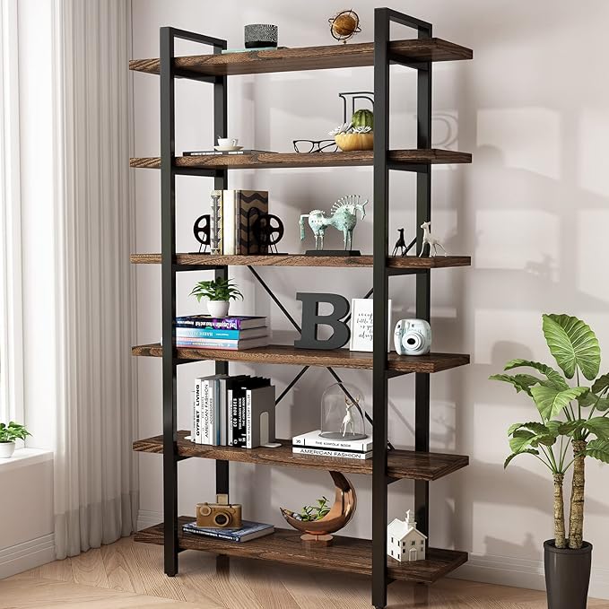 Solid Wood Bookcase and Book Shelves Wood and Metal Shelving Unit 6 Tier Book...