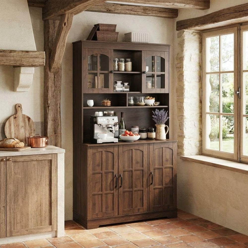 70.9" Tall Kitchen Pantry Cabinet with Glass Doors and Hutch, Freestandi...
