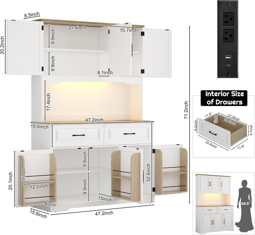 71" Tall 47" Wide Large Pantry Storage Cabinet w/ Power Outlet,LED ...