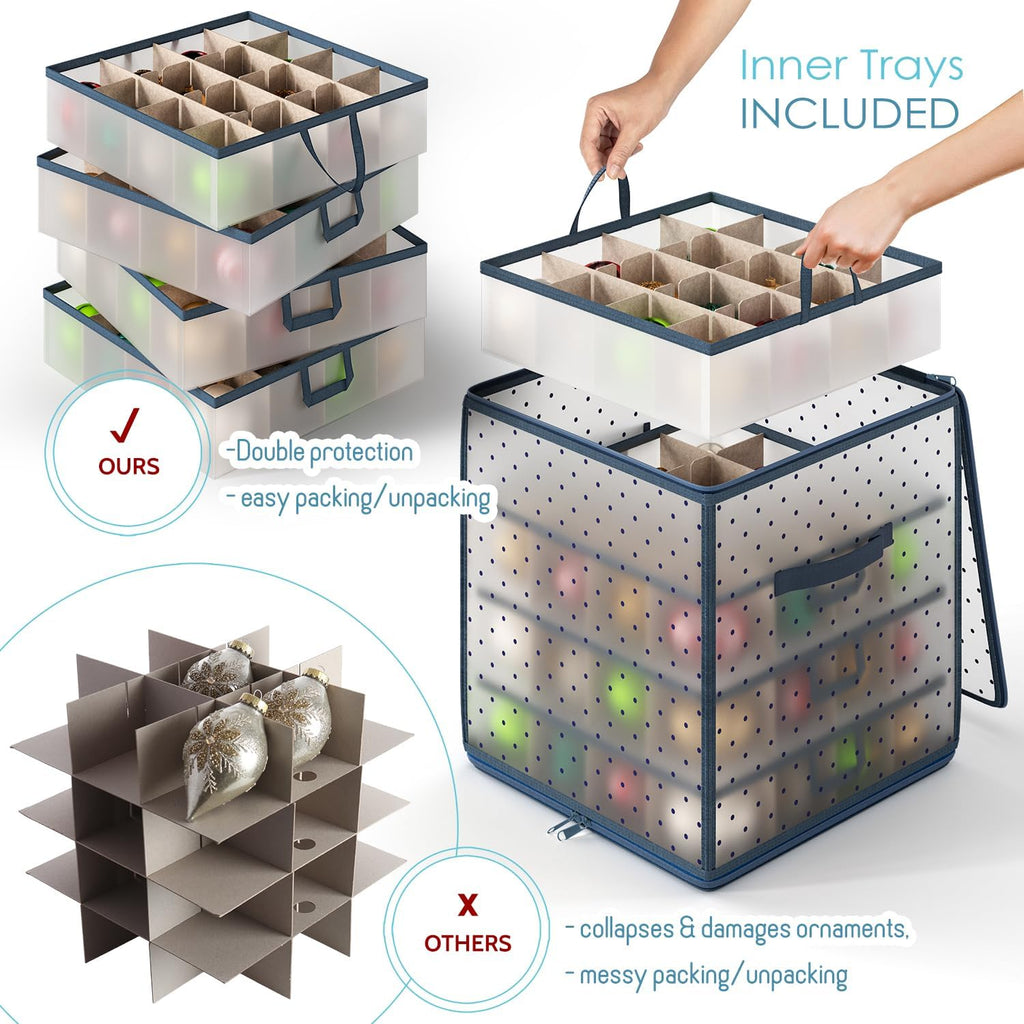Hearth & Harbor Christmas Ornament Storage Box With 4 Inner Tray Dividers - Plastic Ornament Storage Container For 64 Holiday Ornaments or Decorations