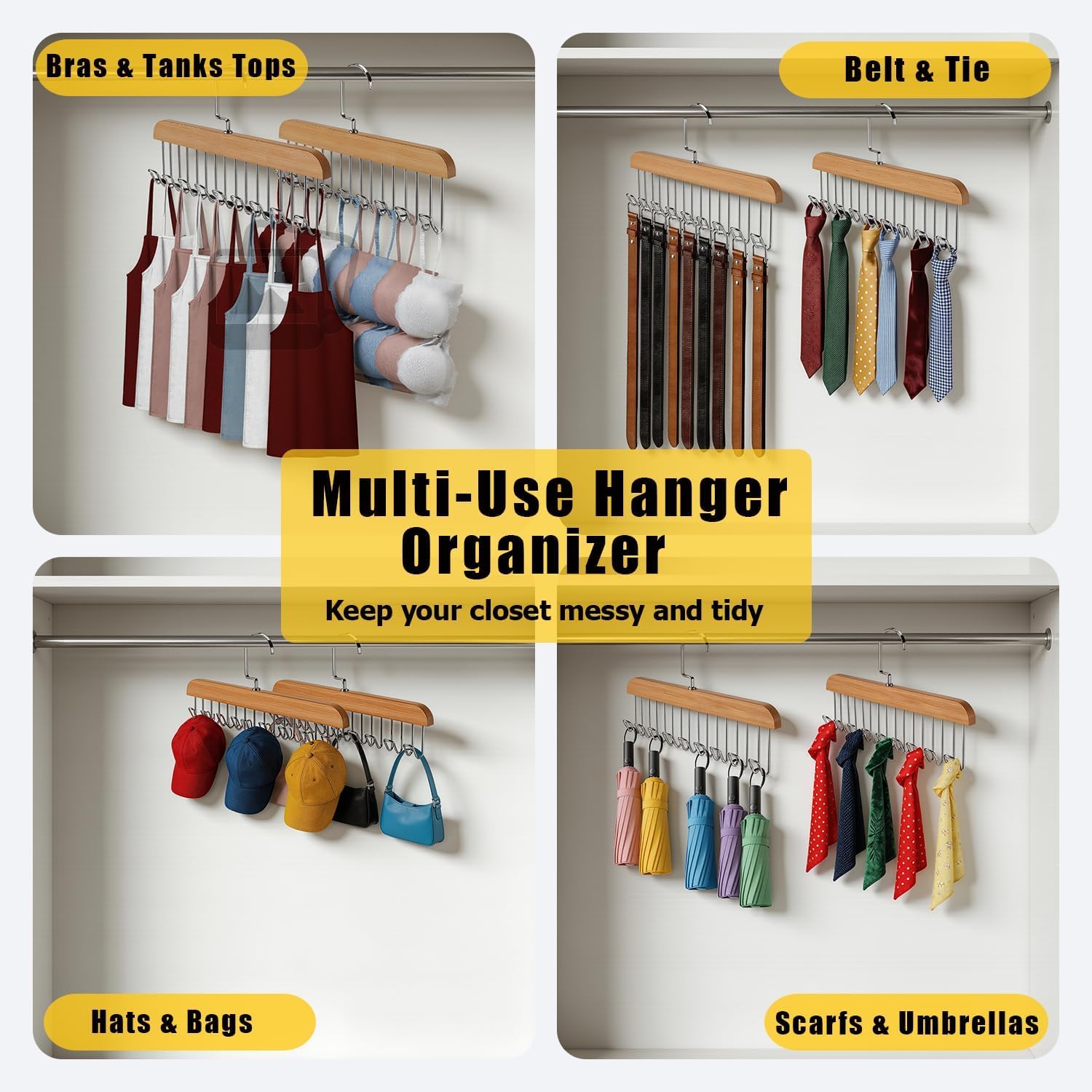 Bra Hangers for Closet Organizer with 16 Metal Hooks Belt Hanger for Closets Space Saving Multi Hook Hanger Non-Slip Tank Top Hanger 360°Rotating Display Belt Organizer for Tie, Hat, Bra Wooden 3 Pack