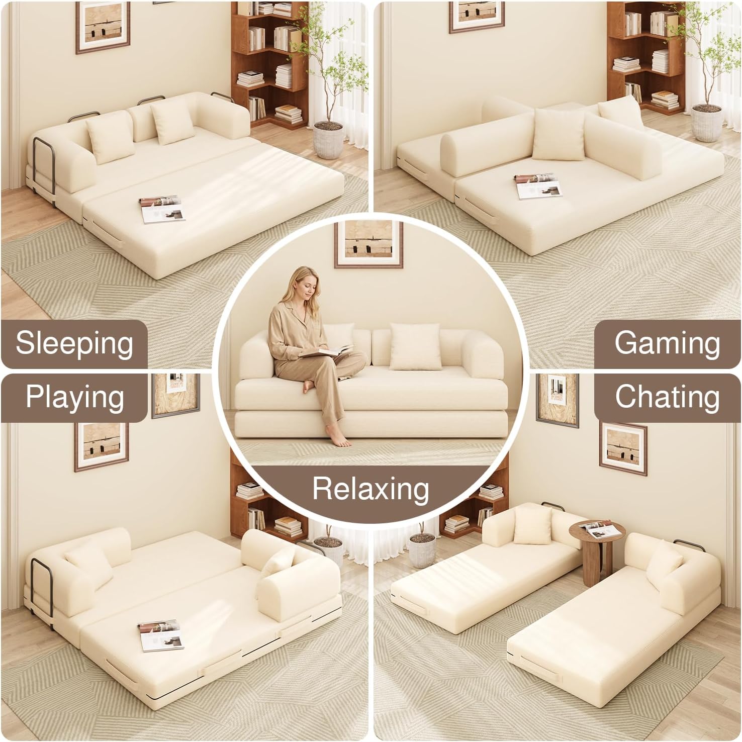 78.8" Convertible Sofa Bed, 5-in-1 Boneless Couch, No Assembly,Cream | Corduroy Boneless Loveseat Sleeper Sofa,Boneless Chair for Living Room,Futon Sleeper Couch with Removable Armrests & Pillows