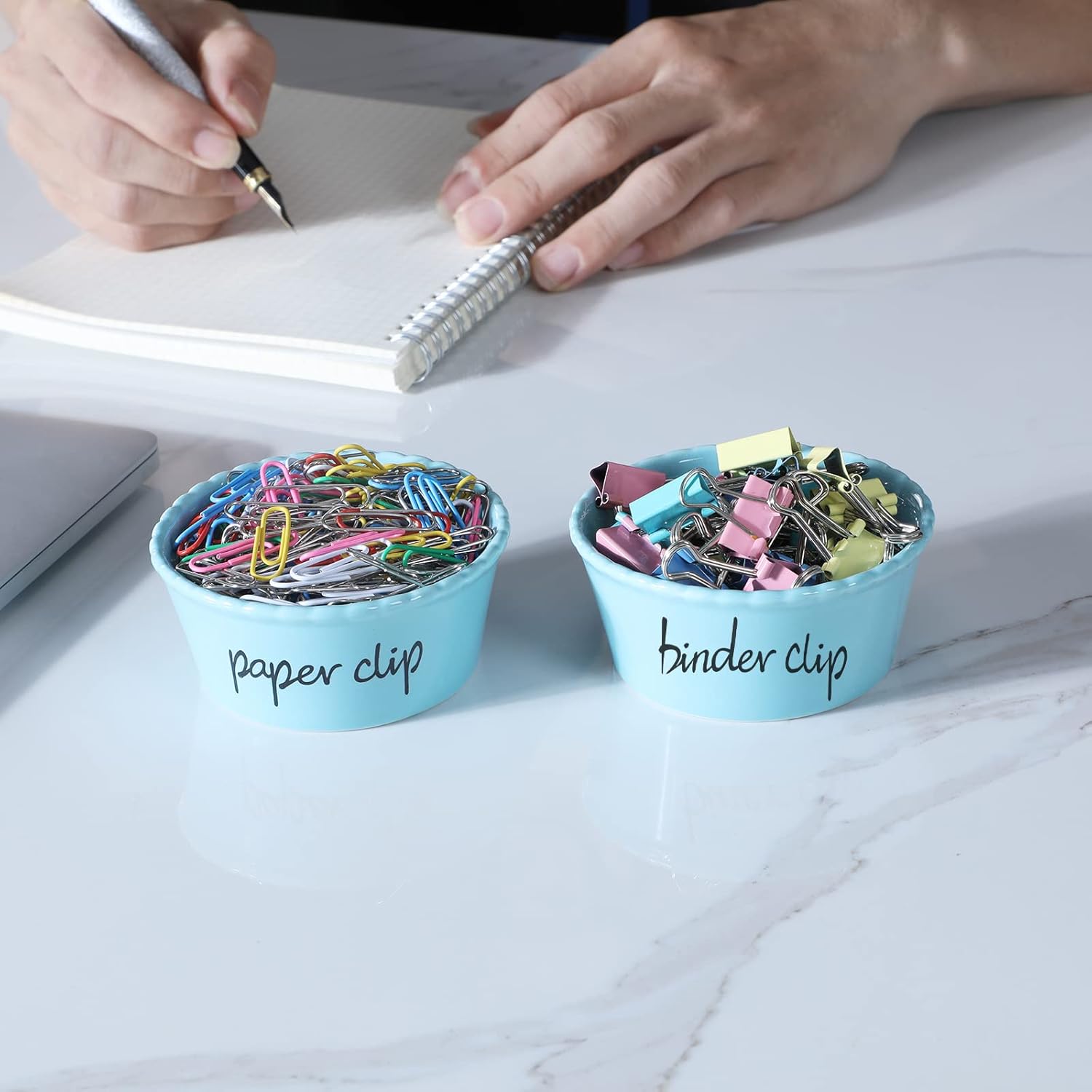 ONTUBE Ceramic Paper Clip Holder and Binder Clip Holder Set (Turquoise)