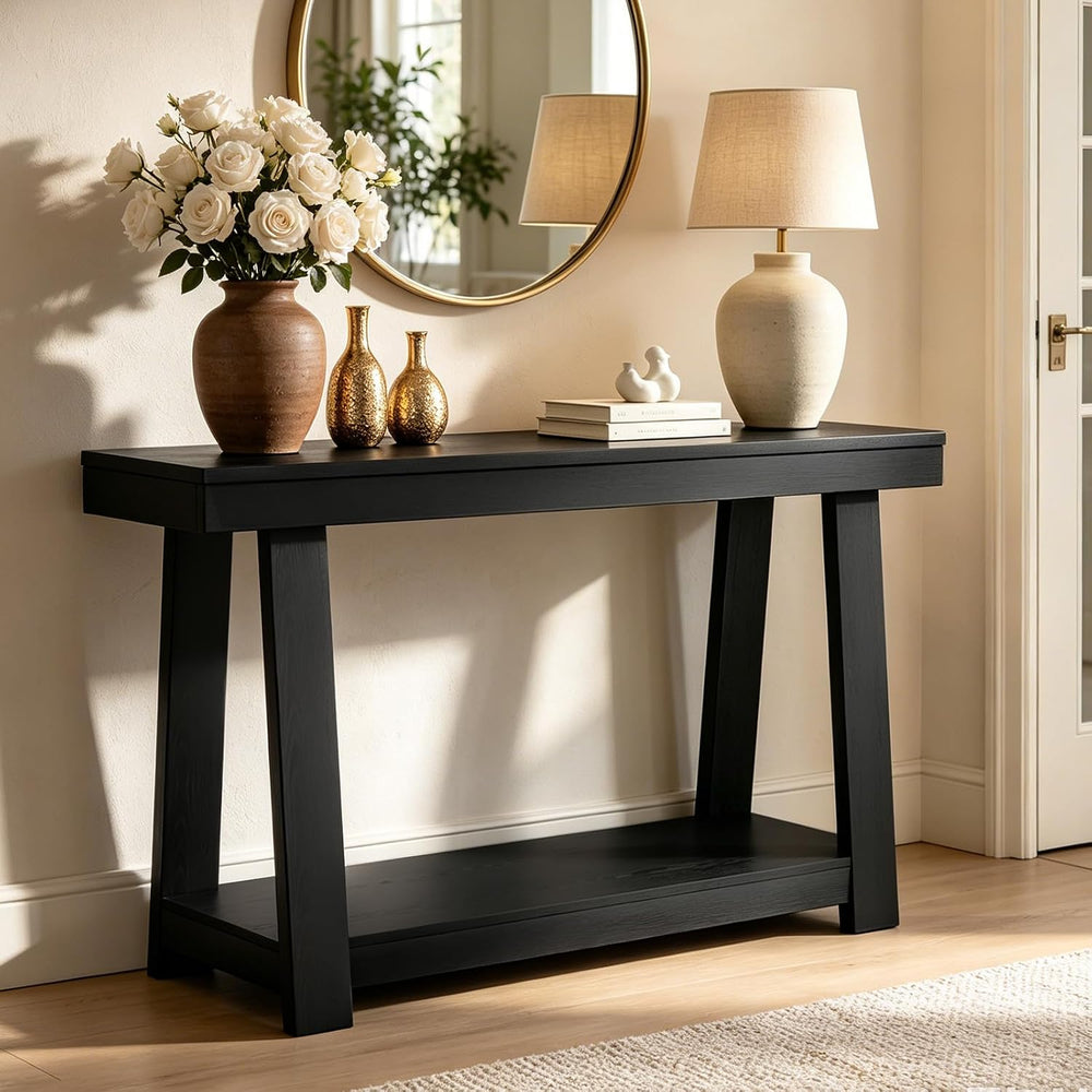 Black Console Table, 43.5" Narrow Black Entryway Table with 2-Tier Stora...