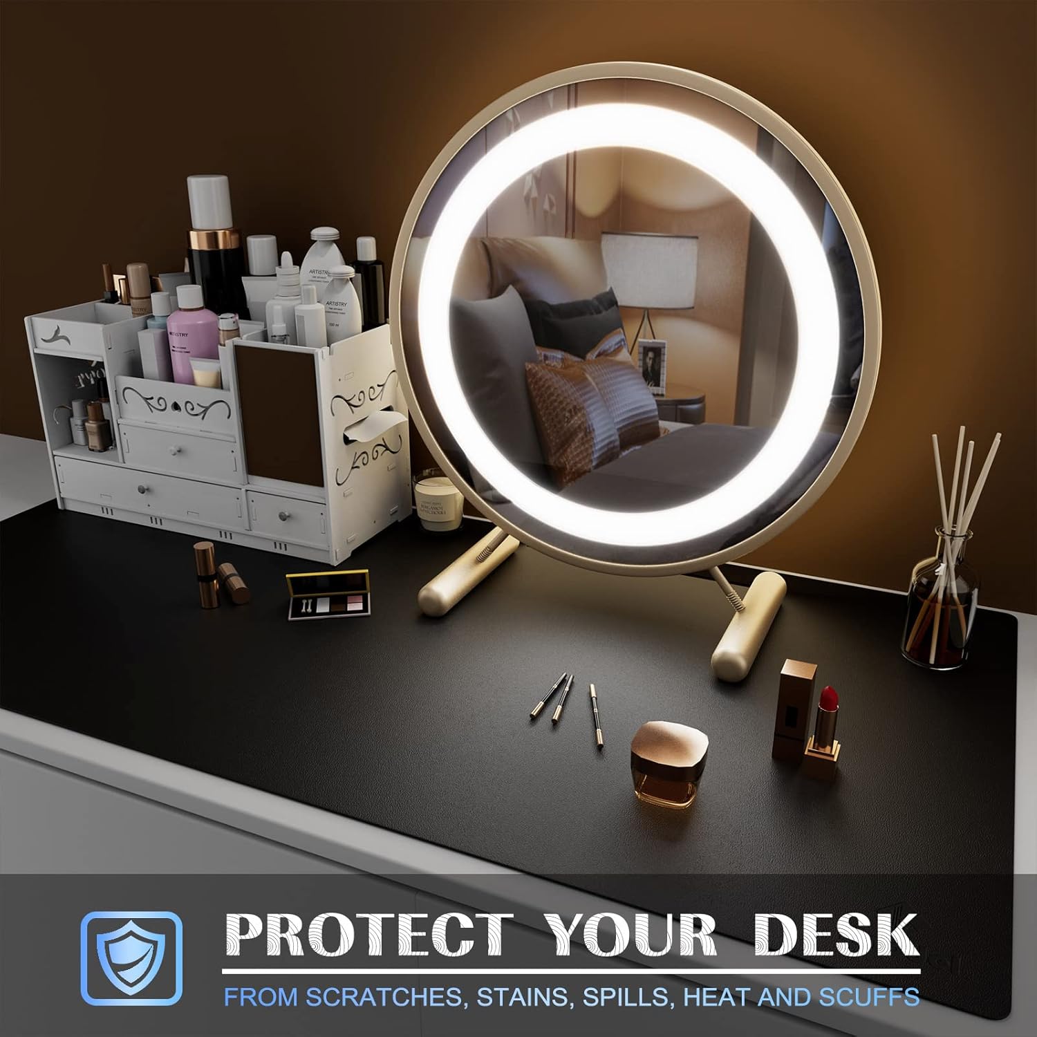 K KNODEL Large Office Leather Desk Mat, Mouse and Keyboard Pad, Computer and Laptop Mat, Desktop Protector and Cover, Writing Pad and Blotter (35.4"x17", Black)