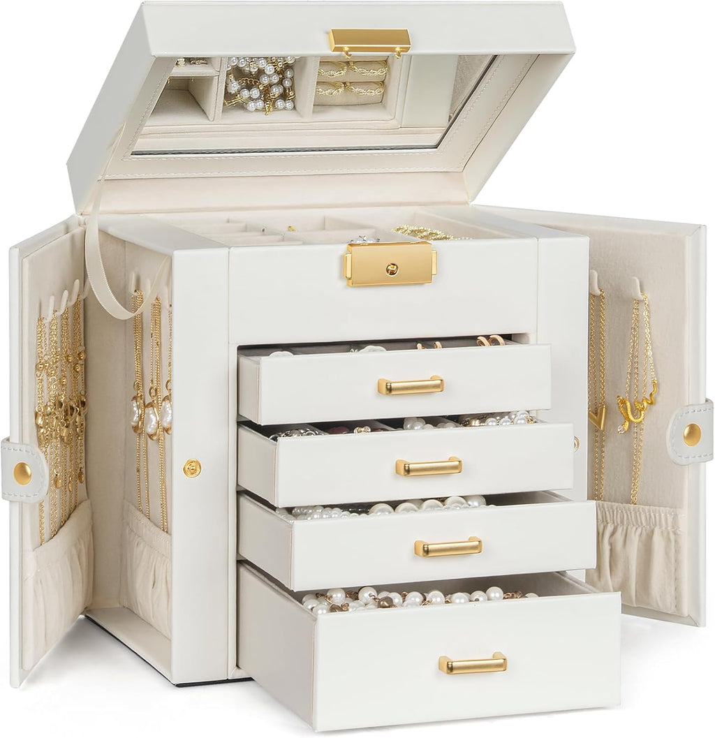 TORIBIO Jewelry Box for Women, Leather Jewelry Organizer with Mirror & Lock, 5-Tier Jewelry Storage Organizer with 4 Drawers for Girls/Women/Mothers, Necklace Earring Bracelets Holder Organizer