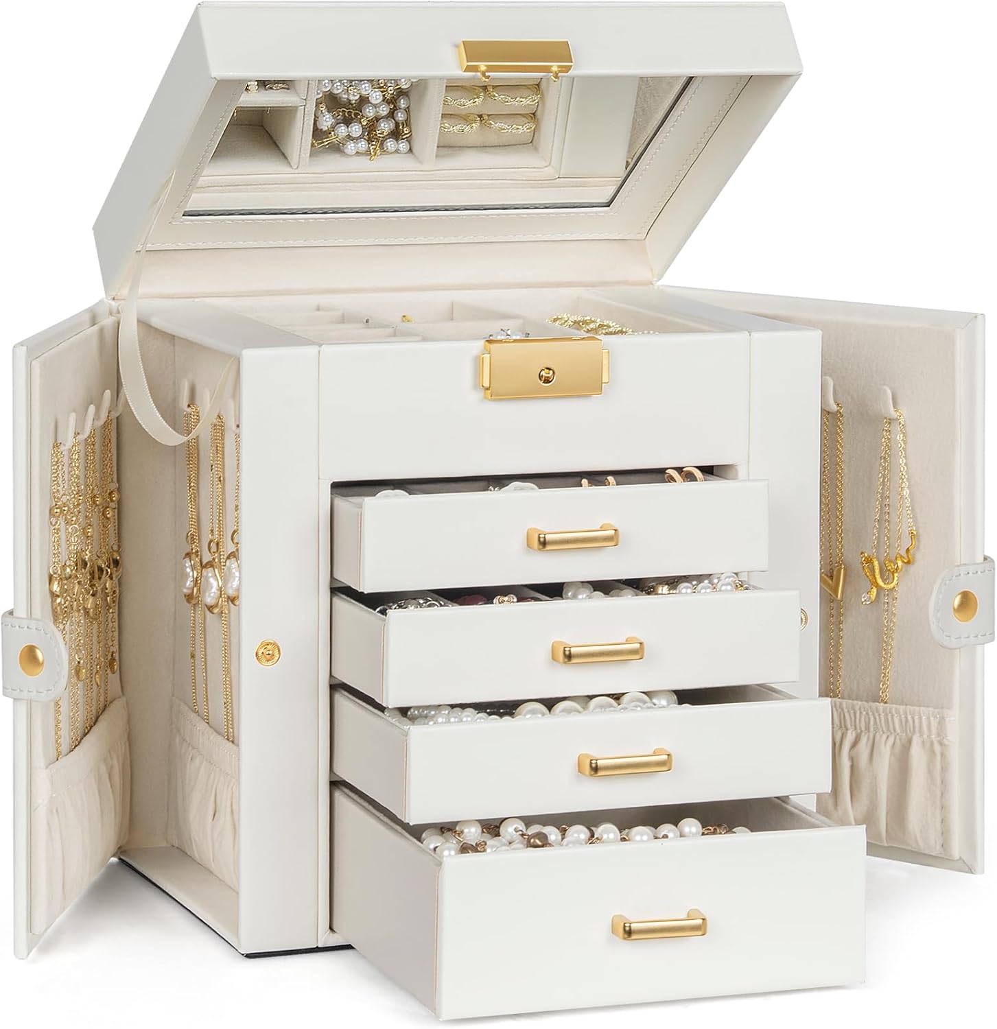 TORIBIO Jewelry Box for Women, Leather Jewelry Organizer with Mirror & Lock, 5-Tier Jewelry Storage Organizer with 4 Drawers for Girls/Women/Mothers, Necklace Earring Bracelets Holder Organizer