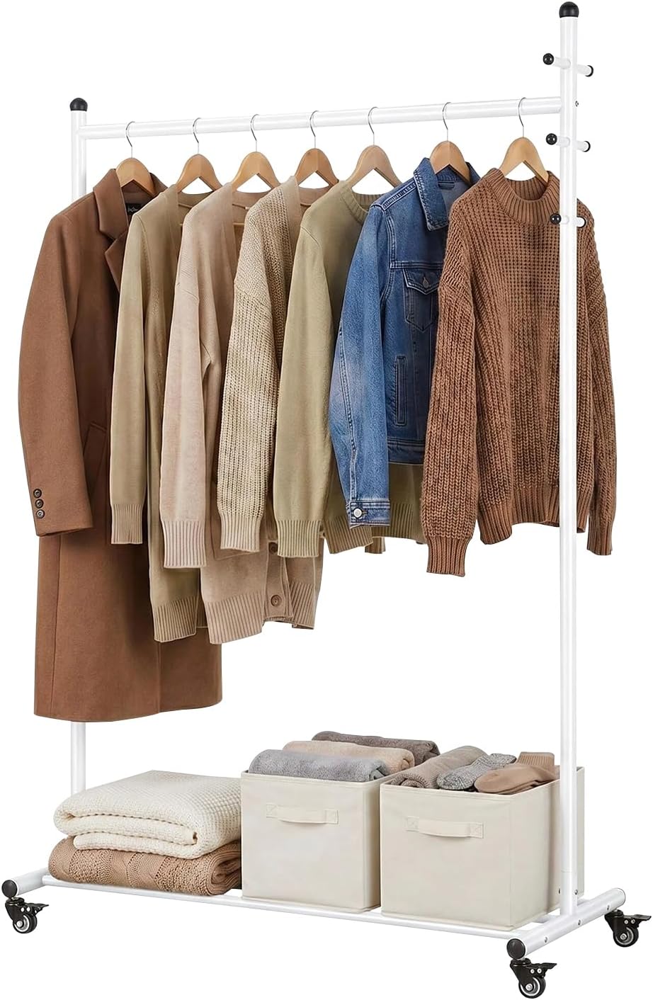 Rolling Clothes Rack Heavy Duty Garment Rack with Wheels, White