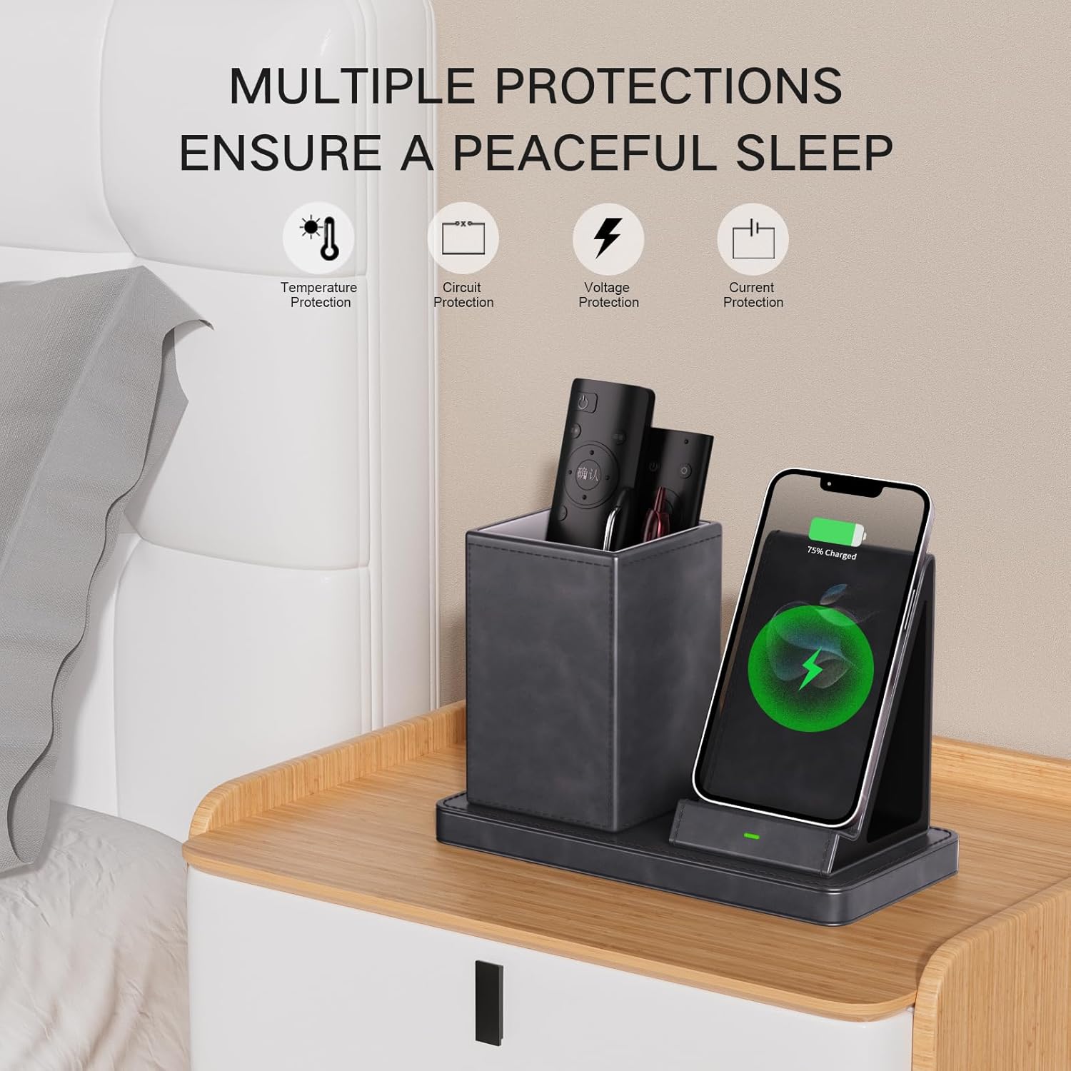 Multi-Functional Pencil Holder for Desk,Gray Vegan Leather Organizers with Remote Control Holder,Pencil Holder,Desk Organizer with Phone Wireless Charger for Office/Nightstand/Endtable