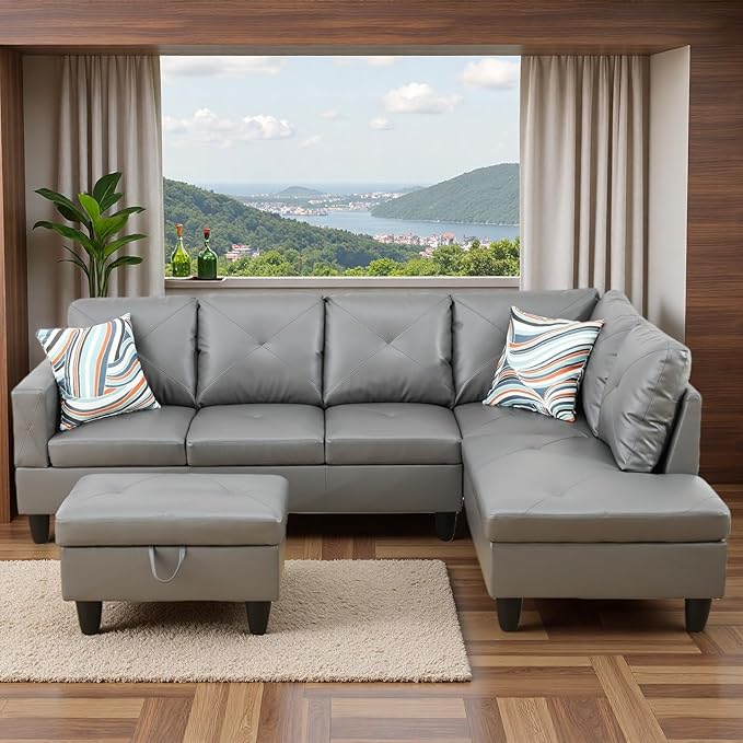 Sectional Couches for Living Room with Movable Chaise & Storage Ottoman - 97.5" Leather L Shaped Couches for Living Room Apartment, 4 Seat Home Furniture Modular Sectional Sofas, Grey
