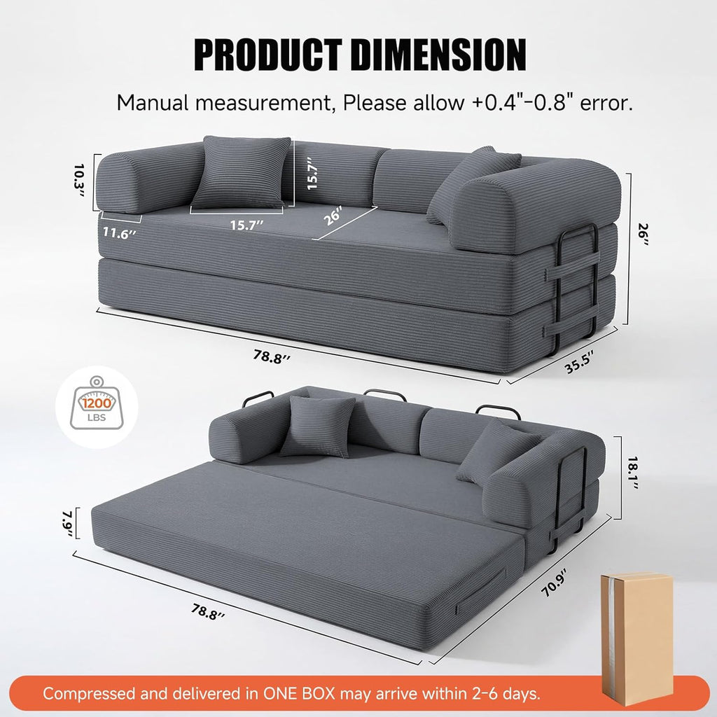 79" Boneless Couch for Living Room,Convertible Futon Sleeper Sofa Bed | 6-In-1 Boneless Couch,Corduroy Sleeper Sofa Bed with Pillows,Modular Floor Loveseat Pull Out Couch, No Assembly, Dark Gray