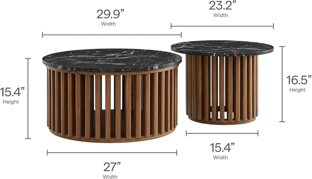 Modway Fortitude Round Faux Marble Wood Nesting Coffee Table Set in Walnut Bl...