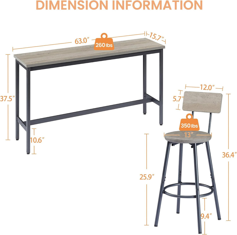 Tmsan 63" L Bar Table and Chairs Set for 3, 4 Piece Long Rectangle Pub B...