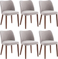 Dining Chair Set of 6, Linen Upholstered Dining Chair with Wood Legs, Wing Backrest, Wooden Kitchen Chair, Kitchen Chairs with Thick Cushions for Dining Room, Living Room, Light Grey