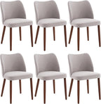 Dining Chair Set of 6, Linen Upholstered Dining Chair with Wood Legs, Wing Backrest, Wooden Kitchen Chair, Kitchen Chairs with Thick Cushions for Dining Room, Living Room, Light Grey