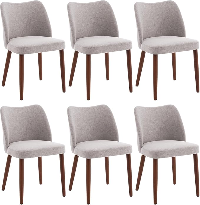 Dining Chair Set of 6, Linen Upholstered Dining Chair with Wood Legs, Wing Backrest, Wooden Kitchen Chair, Kitchen Chairs with Thick Cushions for Dining Room, Living Room, Light Grey