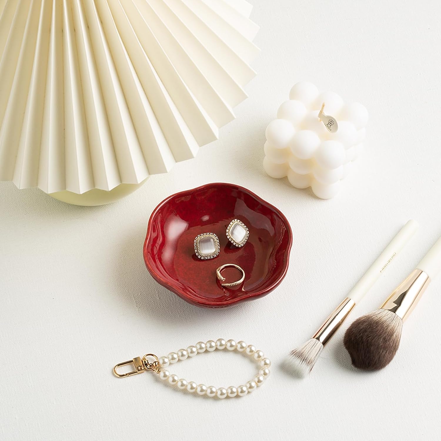 BEUNAIZER Ceramic Ring Dish, 4.3 in Flower Jewelry Tray with Raised Sides | Keeps rings, earrings, keys and hair accessories visible on a vanity, nightstand or bathroom counter.
