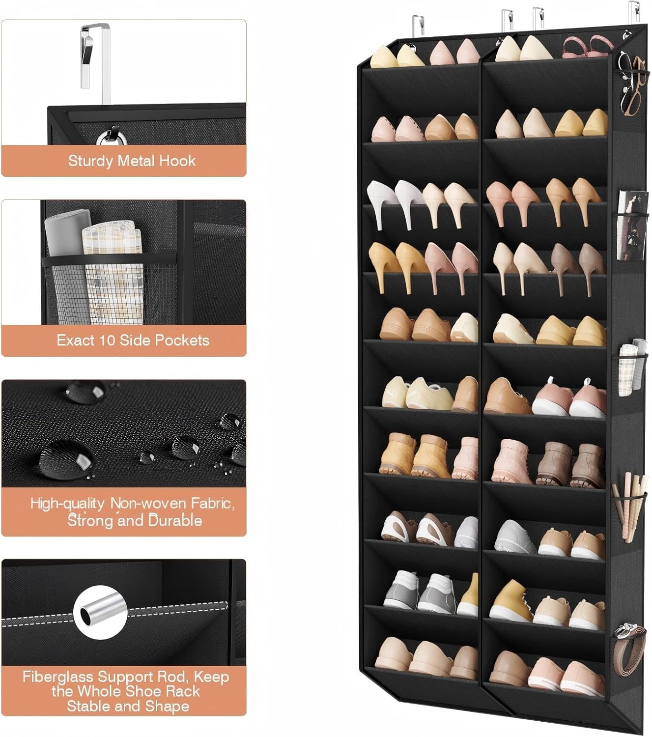 LANTEFUL Over the Door Shoe Organizer, Hanging Shoe Rack for Closet Door Shoe Storage for 30 Pairs Sneaker and Boots, Large Shoe Holder for Door with 10 Side Pockets, Space Saving, Black
