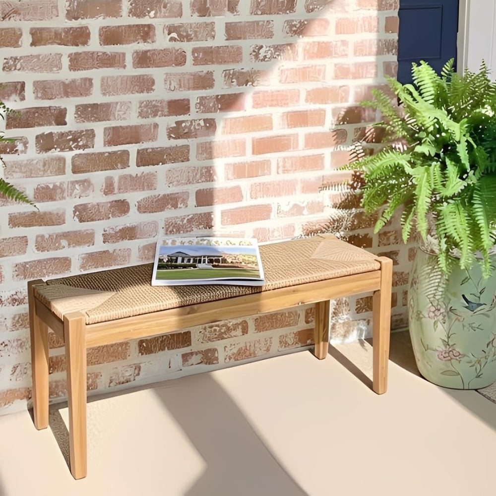 Vintage Entryway Bench, 45 inch Acacia Wood Bench with Woven Rope Seat, Wicke...
