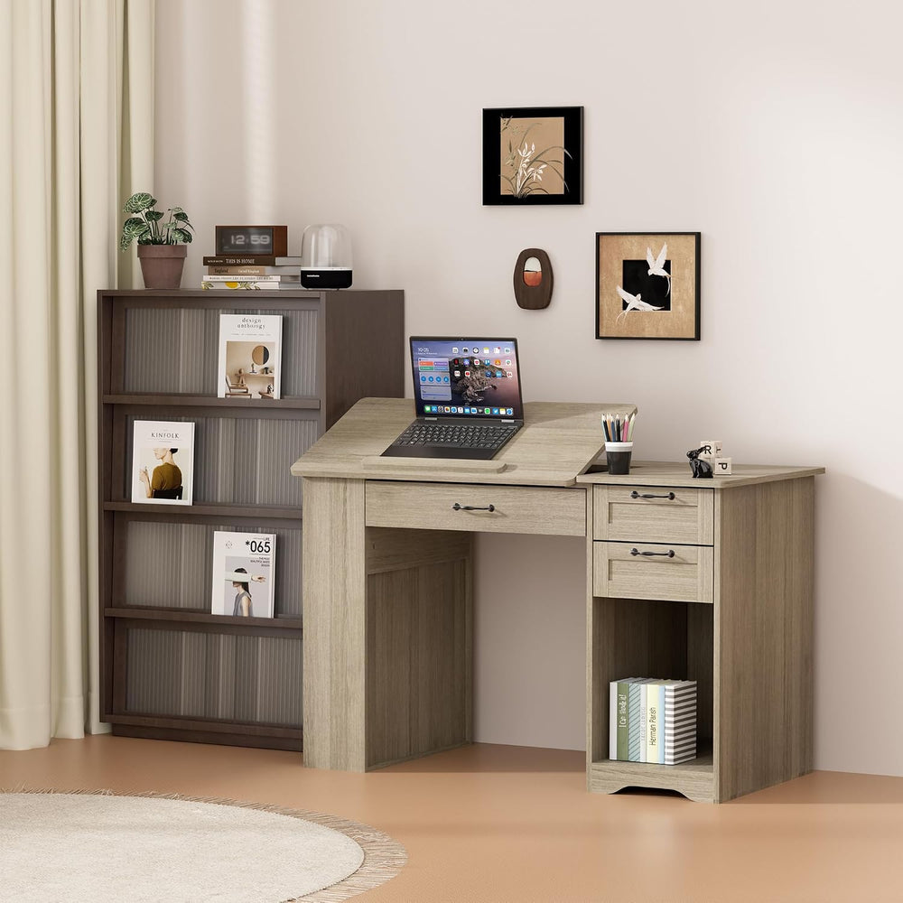 Drafting Table with Storage Cabinet & Drawers, Adjustable Drawing Table w...