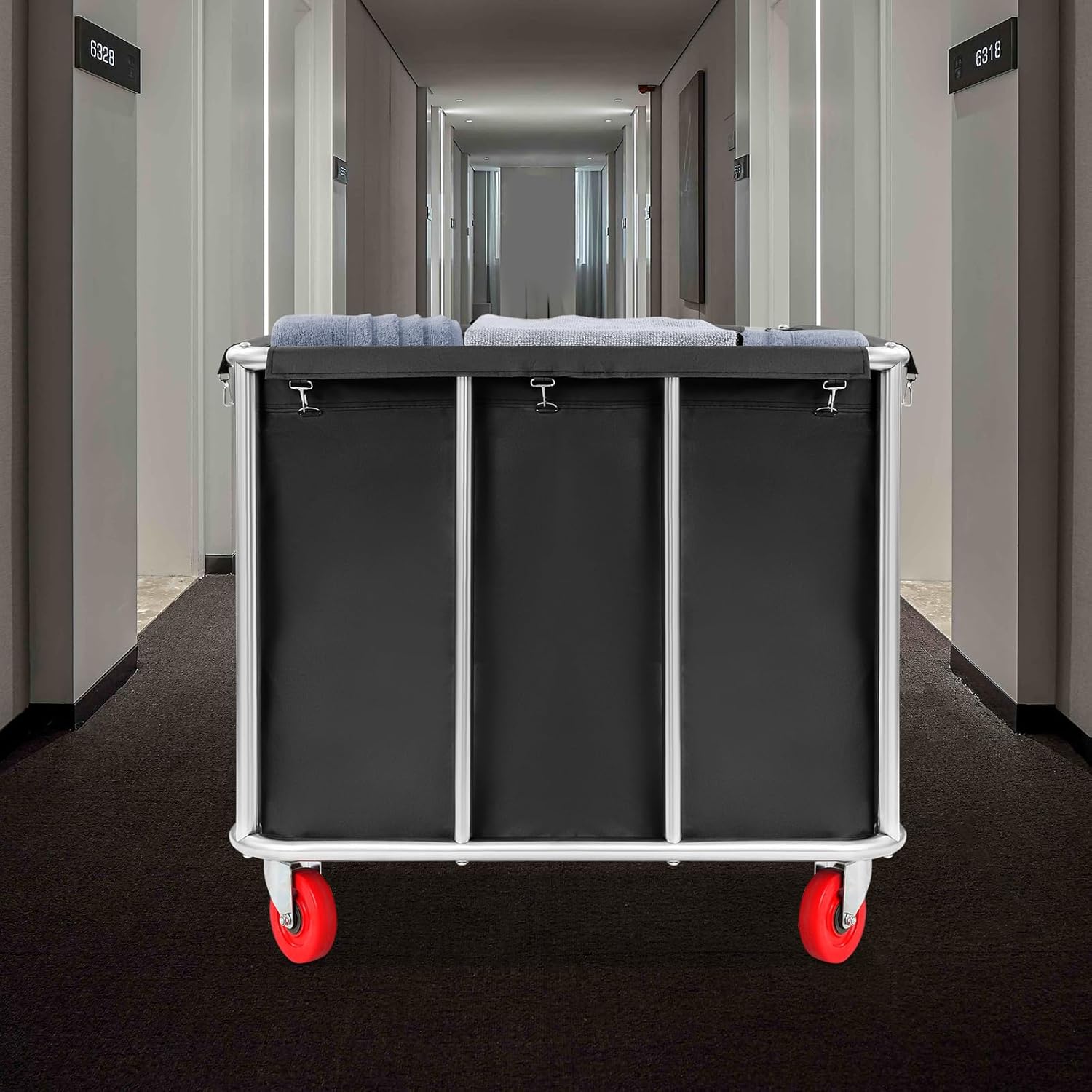 Commercial Laundry Cart with Wheels,Laundry Hamper Cart,Heavy Duty Rolling Basket with Large Capacity,Sorter Trolley for Home Hotel Apartment (Black, 35.43 * 25.6 * 31.5in)