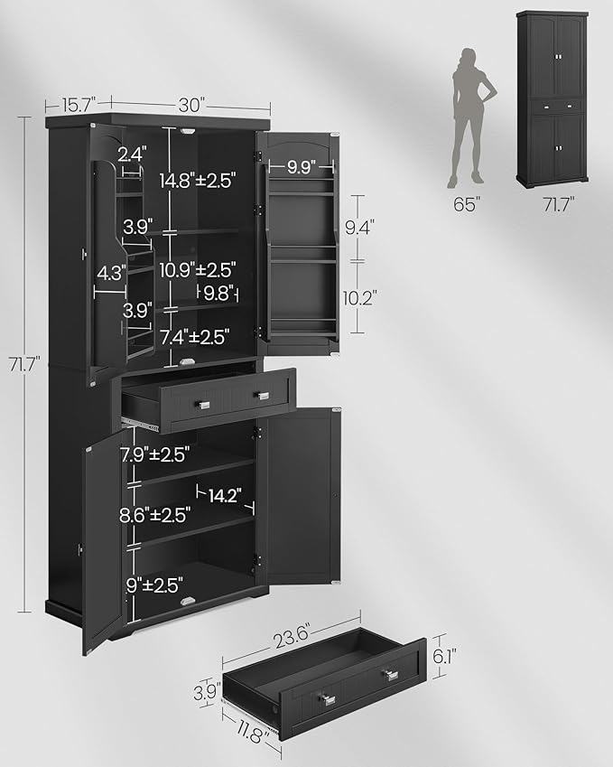 VASAGLE Pantry Cabinet, 71.7-Inch High Freestanding Tall Cupboard Storage Cabinet with a Drawer, 2 Cabinets, 4 Adjustable Shelves, 6 Door Shelves, for Living Room, Kitchen, Ink Black UBBC561B12