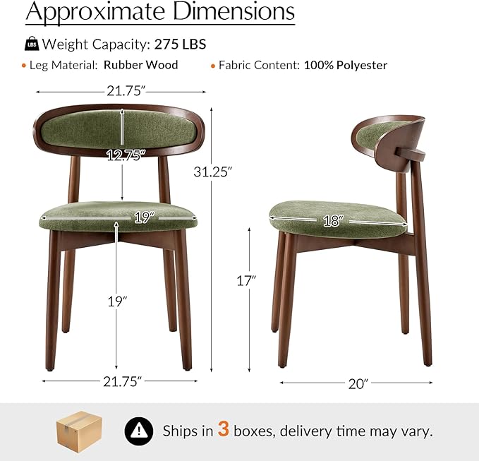 HULALA HOME Dining Chairs Set of 6 Mid-Century Modern Fabric Upholstered Dining Room Chairs Kitchen Side Chair with Open Curved Back, Walnut Rubber Wood Legs, Dinner Chairs for Living Room, Olive