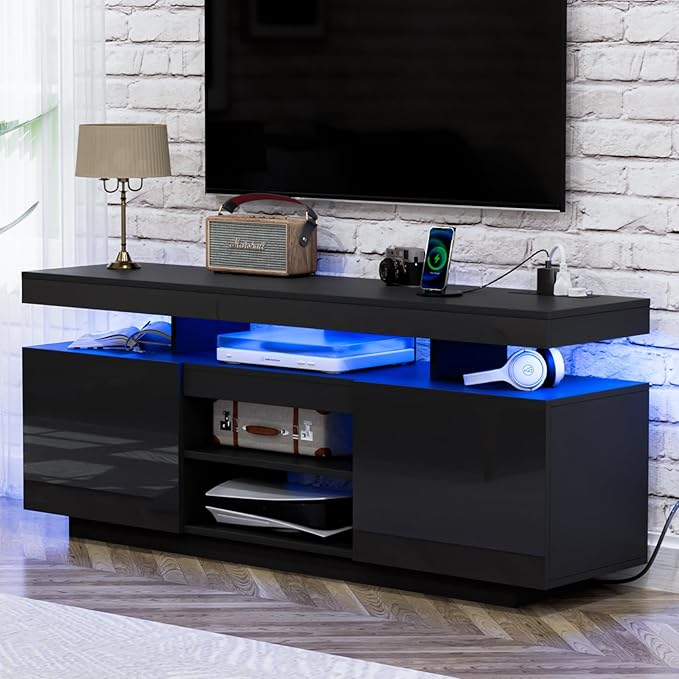 HOMMPA LED TV Stand for 65/60/55 inch TV Modern Entertainment Center with Power Outlets, Gaming TV Consoles with Storage Media Table with LED Lights Game Cabinet for Living Room Black