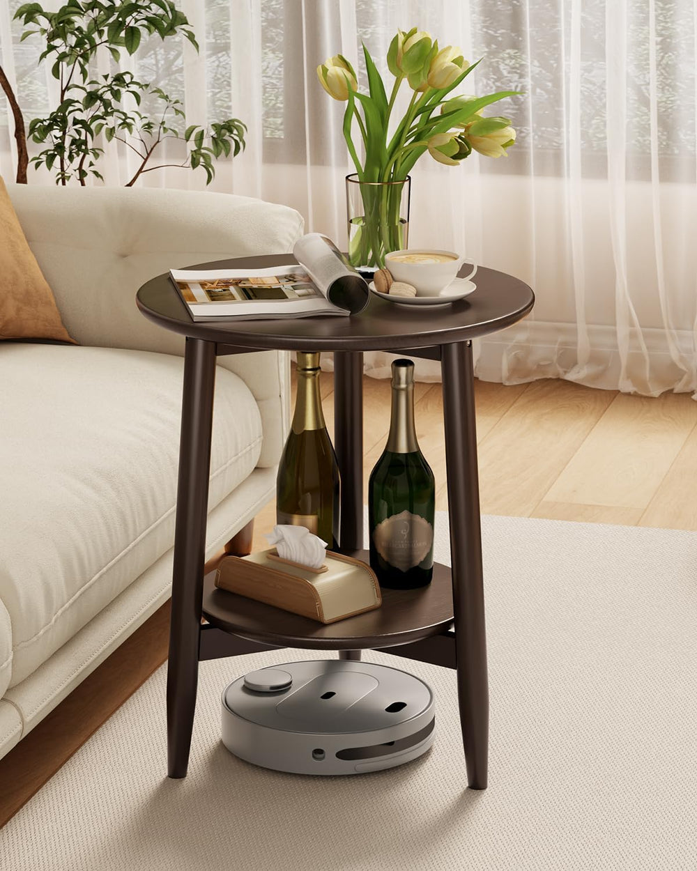 Round End Table,Solid Wood Small Round Table with Lower Shelf,Round Side Tabl...