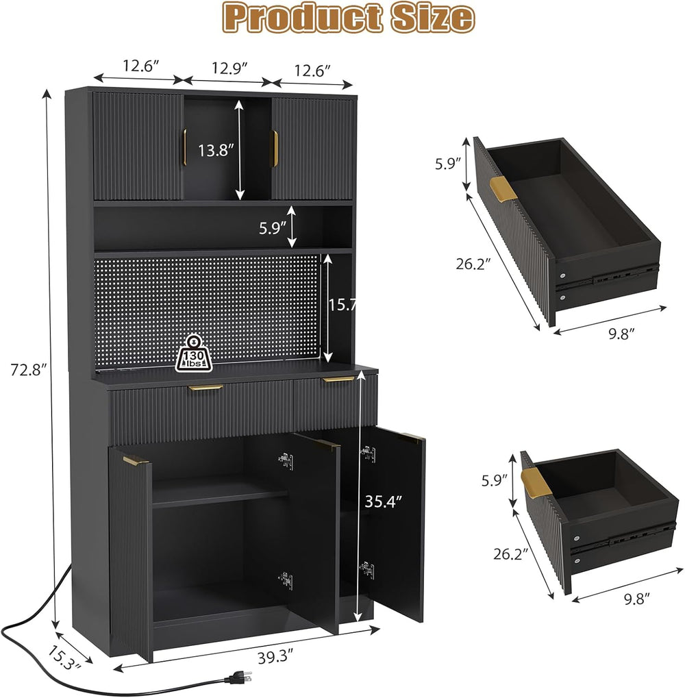 Kitchen Pantry Cabinet with Storage & Pegboard, 71" Tall Hutch Stora...