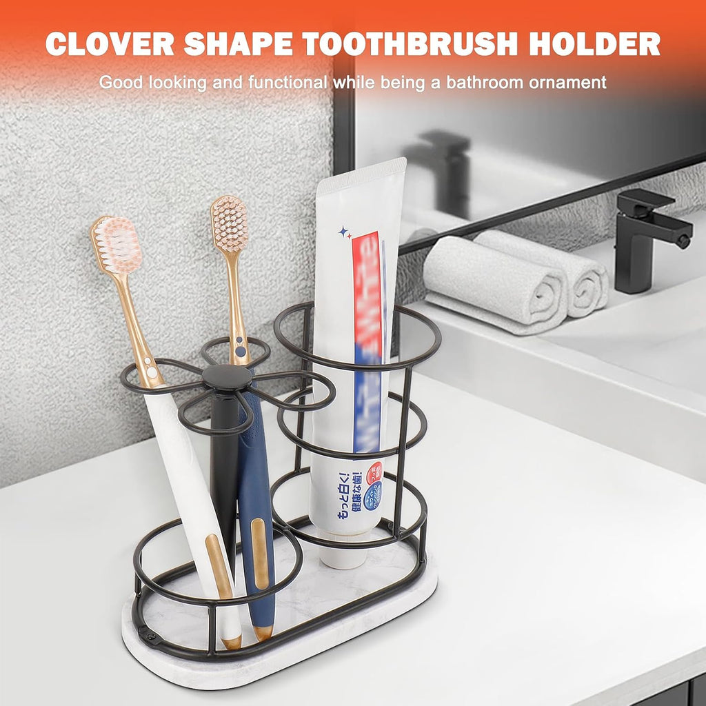 HarJue Toothbrush Holder Stand for Bathroom, Metal Toothbrush Organizer with Marble Base, Toothbrush Storage Collection for Family, Suitable for Home Hotel Countertop Vanity (Medium, Matte Black)