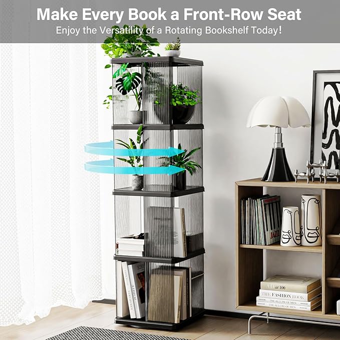 4 Tier Rotating Bookshelf, Small Corner Bookshelf for Small Space, 360 Display Floor Standing Bookcase, Lazy Susan Plastic Narrow Book Organizer Shelf for Bedroom, Living Room, Rectangular
