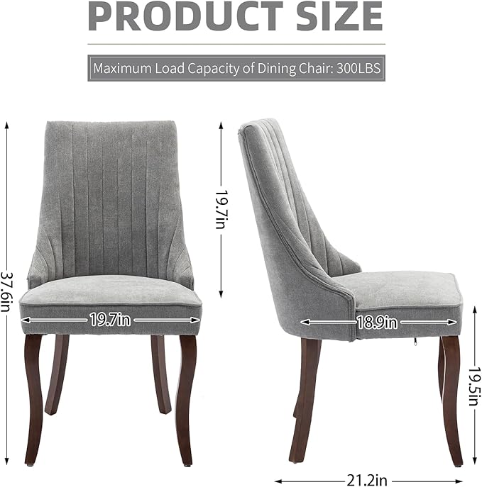 Grey Dining Chairs Set of 6，Linen Channel Tufted Kitchen Dining Room Chair with Curved Solid Wood Legs, Comfortable Fabric Upholstered Dining Chair for Dining Room, (Grey, 6pc)
