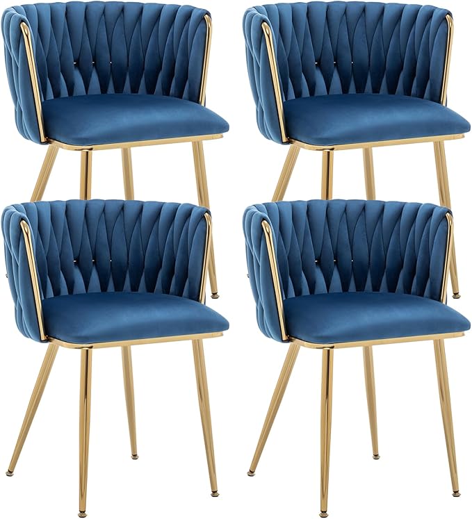 Kiztir Velvet Dining Chairs Set of 4, Modern Dining Chair with Gold Metal Legs, Luxury Tufted Dining Chairs for Dining Room, Bedroom, Kitchen (Blue)