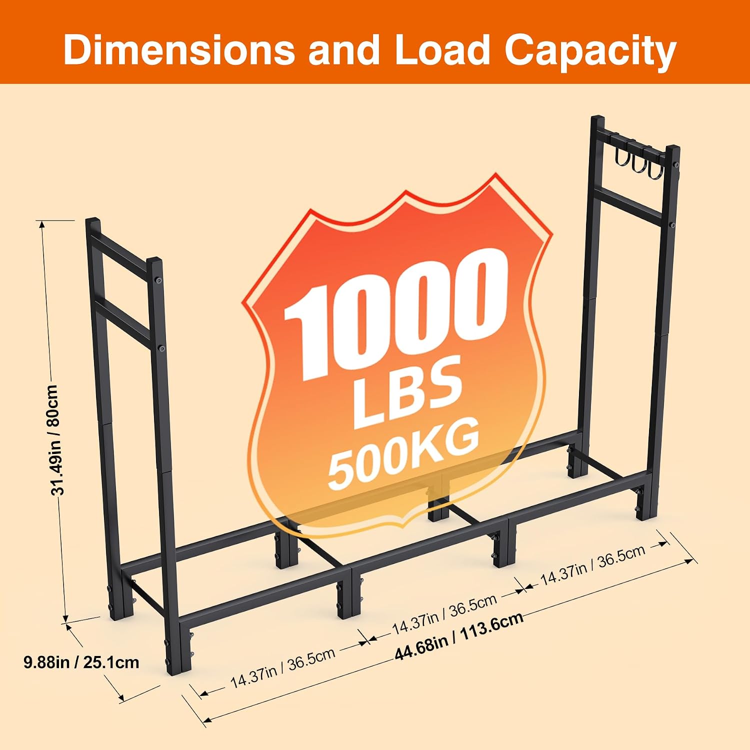 Firewood Rack Outdoor, 44.7" x 9.8" x 31.5", Black | Adjustable Wood Holder, 4 Hooks, Heavy Duty Log Rack, Indoor/Outdoor Firewood Storage