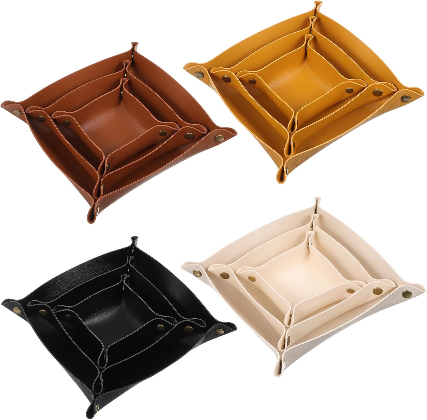 12pcs Leather Jewelry Tray for Keys and Wallet, Folding PU Leather Tray Organizer for Travel, Home or Office, Set in 3 Sizes and 4 Colors- Beige/Yellow/Brown/Black