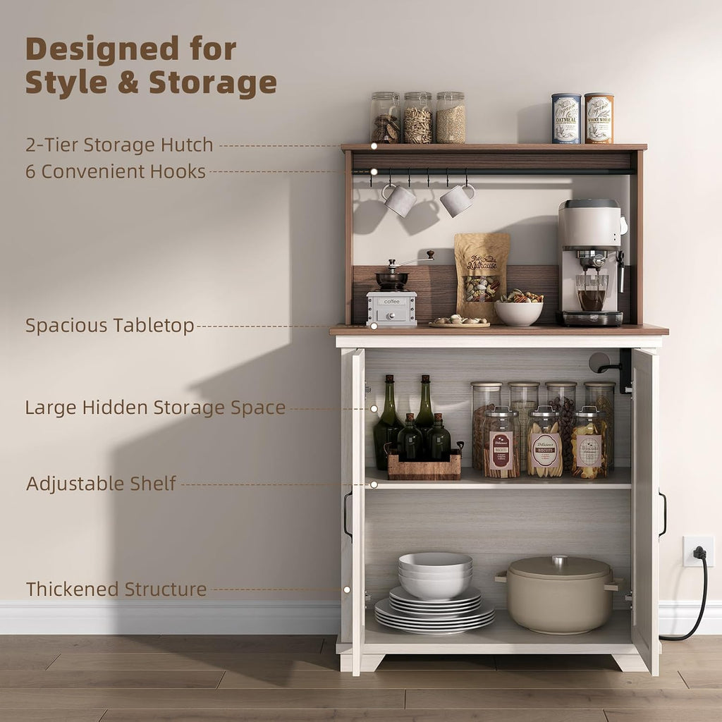 JOINICE Farmhouse Coffee Bar Cabinet with Storage and Charging, White | Herringbone Panel,31.5" Countertop Space,Loads To 100lbs,Open Top Shelf+Adjustable Shelf,USB/AC,6-Hook,Easy Assembly