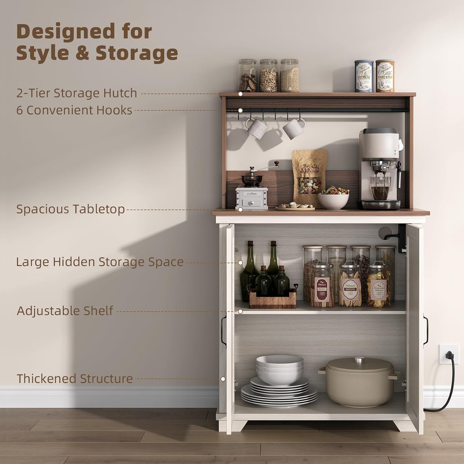 JOINICE Farmhouse Coffee Bar Cabinet with Storage and Charging, White | Herringbone Panel,31.5" Countertop Space,Loads To 100lbs,Open Top Shelf+Adjustable Shelf,USB/AC,6-Hook,Easy Assembly