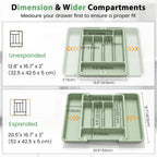 Caperci Large Silverware Organizer for Kitchen Drawer & Utensils - Expandable Drawer Organizer for Cutlery, Flatware & Gadget, BPA-Free Thick Plastic, Wider Compartments & Non-skid Feet (Sage Green)
