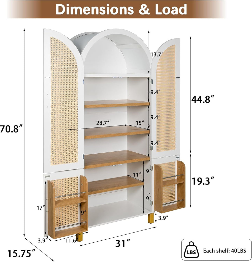 Polibi 71" Tall 4-Door Arched Cabinet, MDF Rattan Door Storage with Adju...