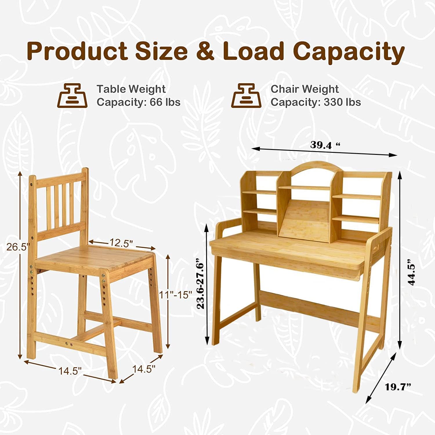 Kids Desk and Chair Set, Height Adjustable Bamboo Study Desk with Storage Hutch and Bookshelf, Wooden Writing Table for Toddlers and Kids, Easy-Clean Surface, Natural (02)