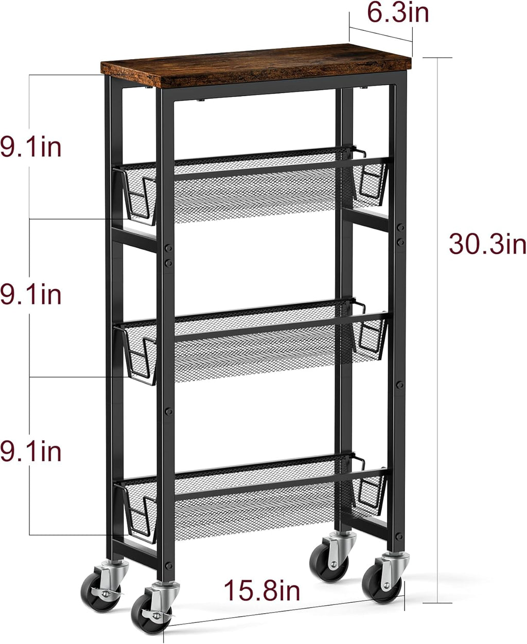 Honest Slim Storage Cart 4-Tier Slim Rolling Cart with Metal Frame and Wooden Top, 6.3 Inches, Storage Cart for Kitchen, Dining Room, Living Room, Bathroom, Home Office, Rustic Brown and Black