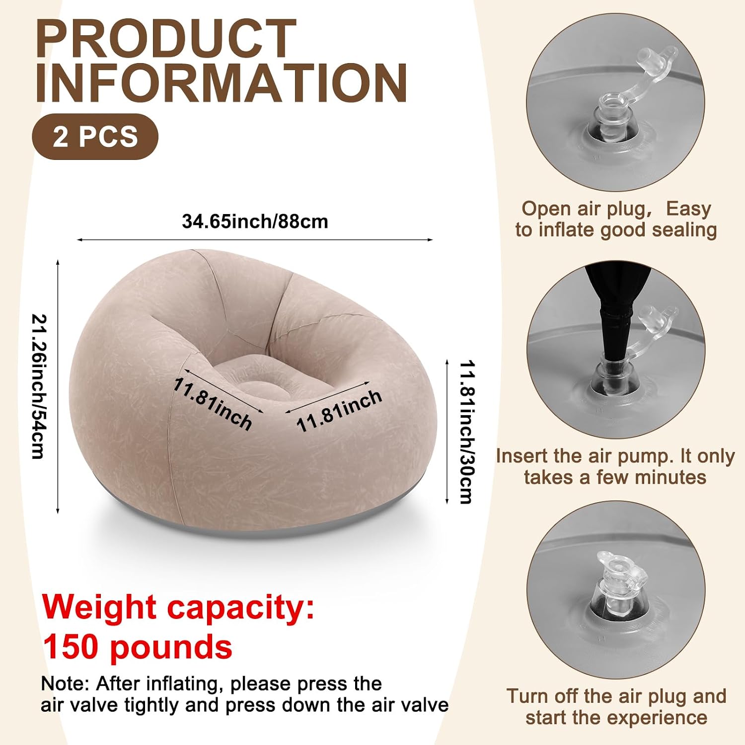 Lunmon 2 Pcs Small Bean Bag Chair Inflatable Lazy Sofa,Brown