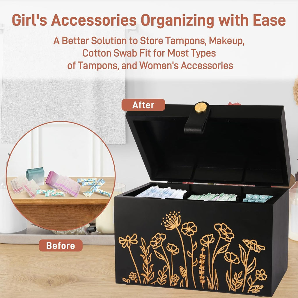 100% Solid Wood Tampon Holder Box with Lid, Copper Leather Pull, Absolute Real Wood Bathroom Decorative Box for Feminine Product Storage and Accessories such as Tampons, Cotton Balls, Gifts for Women
