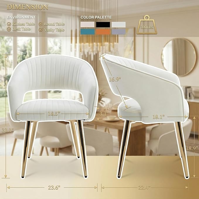 Cream Velvet Dining Chairs Gold Legs, Modern Dining Room Chairs with Arms Set of 4 Upholstered Accent Chair Armchair with Barrel Back for Kitchen Living Room