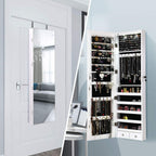 Giantex Wall Door Mounted Jewelry Armoire Cabinet with 47.5" Full Length Mirror, 2 LEDs Lockable Jewelry Organizers and Storage with 2 Drawers, Over the Door Jewelry Organizer Cabinet (White)